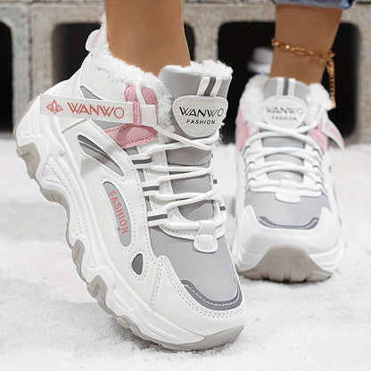 Botas de Nieve de Vellón Acogedoras para Mujer – Zapatos de Invierno Blancos y Azules con Suela Gruesa Antideslizante