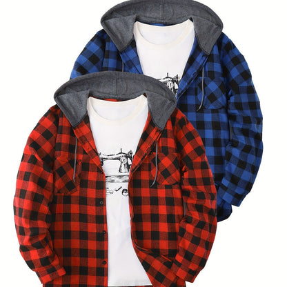 Camisas a cuadros con capucha para hombre, 2 piezas – Conjunto de chaqueta tipo suéter con botones