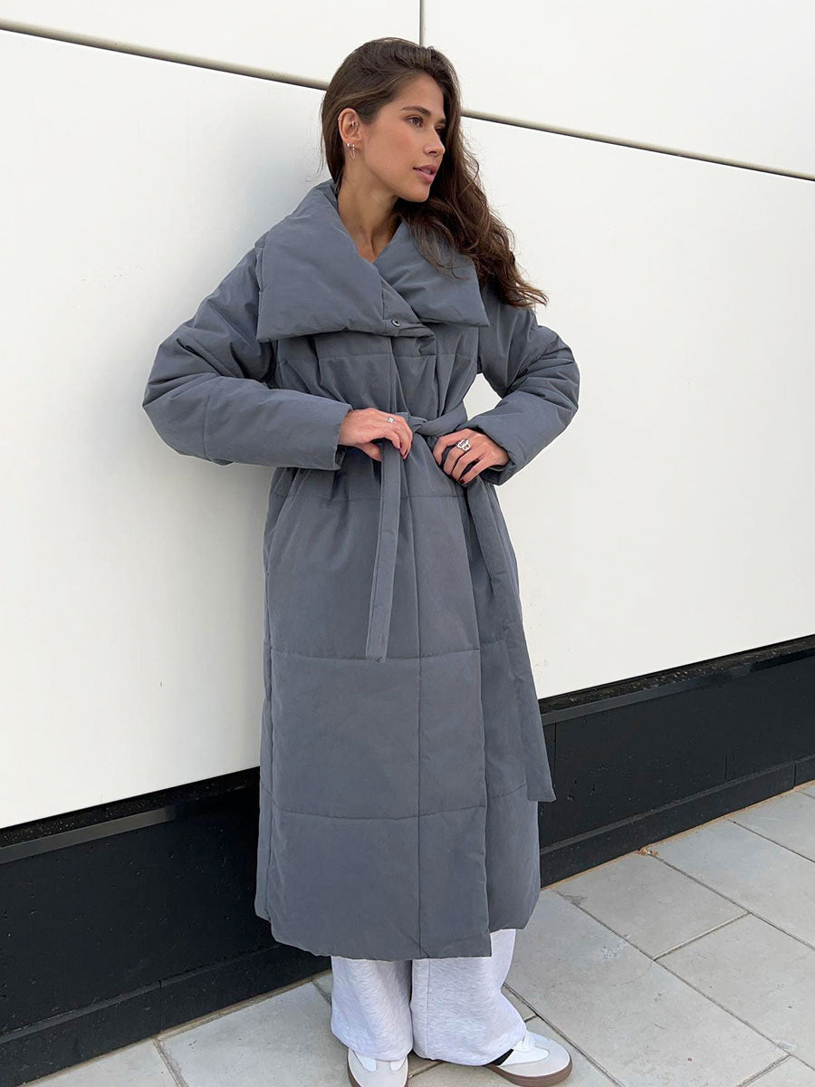 Abrigo de invierno con solapa grande para mujer Loom & Soul™ – Chaqueta larga acolchada de algodón cálido con cinturón y bolsillos