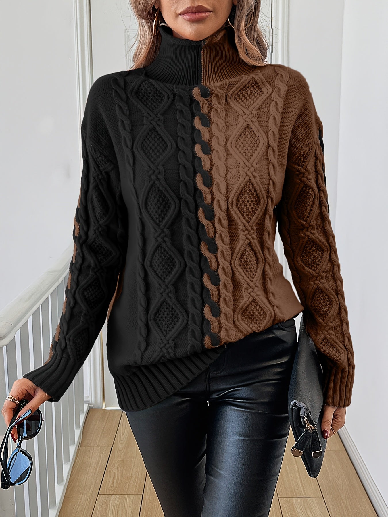 Blusa Elegante de Rayas con Cuello Alto – Top de Manga Larga de Punto Color Block