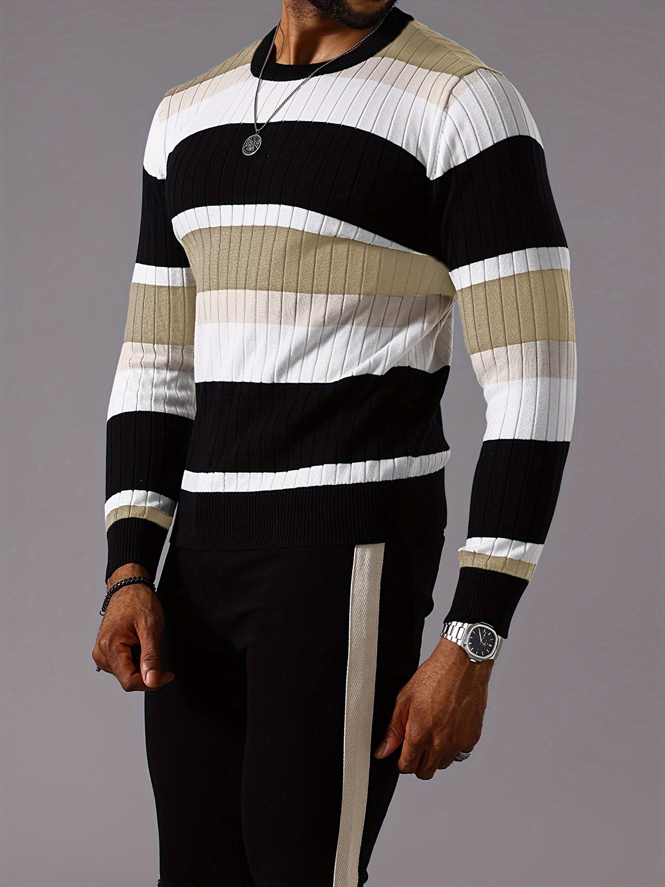 Pull rayé en tricot côtelé pour homme – Pull Color Block Automne Hiver