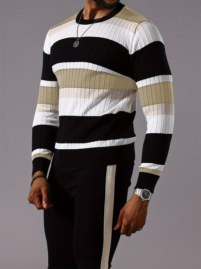 Pull rayé en tricot côtelé pour homme – Pull Color Block Automne Hiver