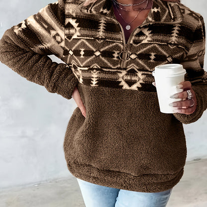 Sudadera de felpa con patrón geométrico Geo – Forro polar con media cremallera para otoño e invierno