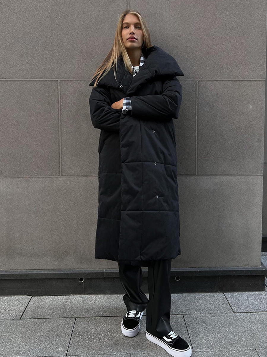 Abrigo de invierno con solapa grande para mujer Loom & Soul™ – Chaqueta larga acolchada de algodón cálido con cinturón y bolsillos