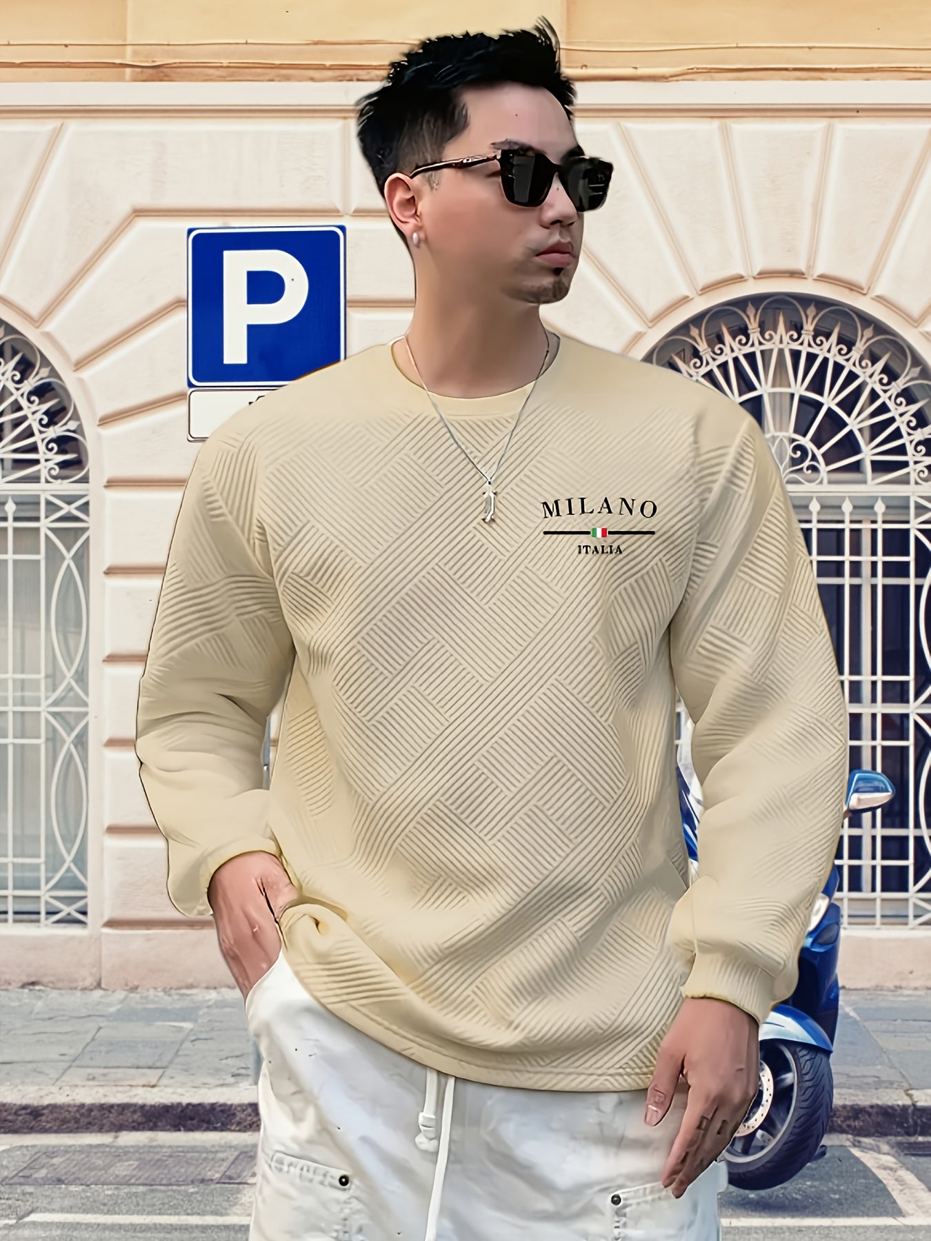 Sudadera jacquard de cuello redondo para hombre – Jersey casual de manga larga con estampado geométrico