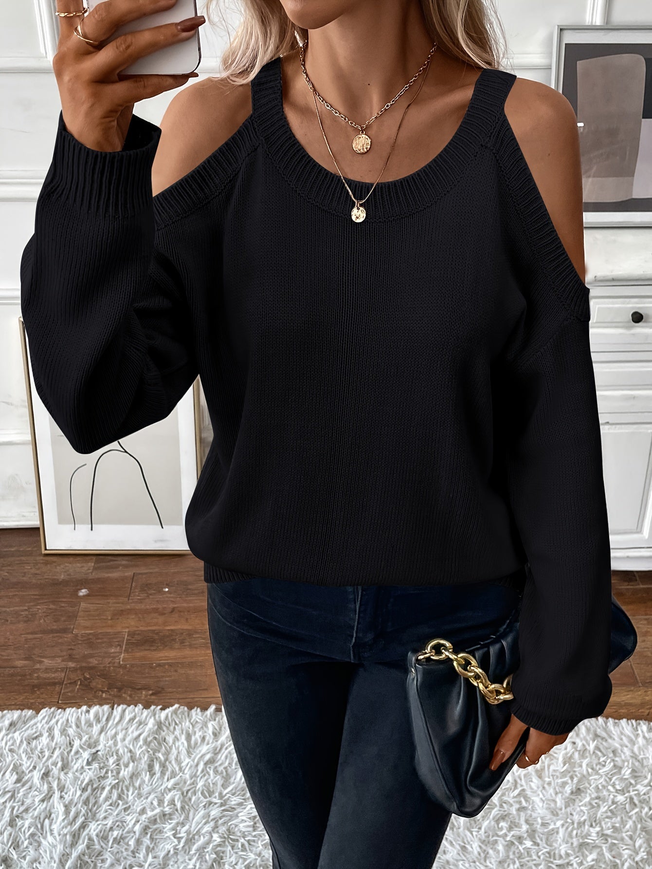 Suéter de punto suave para otoño/invierno con cuello redondo elegante para mujer