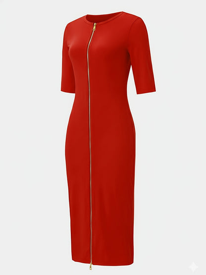 Vestido midi ajustado con cuello barco – Vestido elegante de manga corta con corte entallado