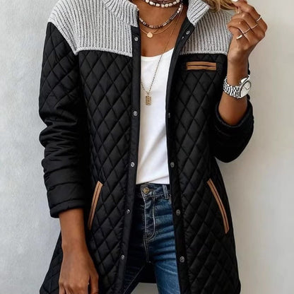 Women’s Patchwork Knit Jacket with Pockets – Elegant Longline Fit