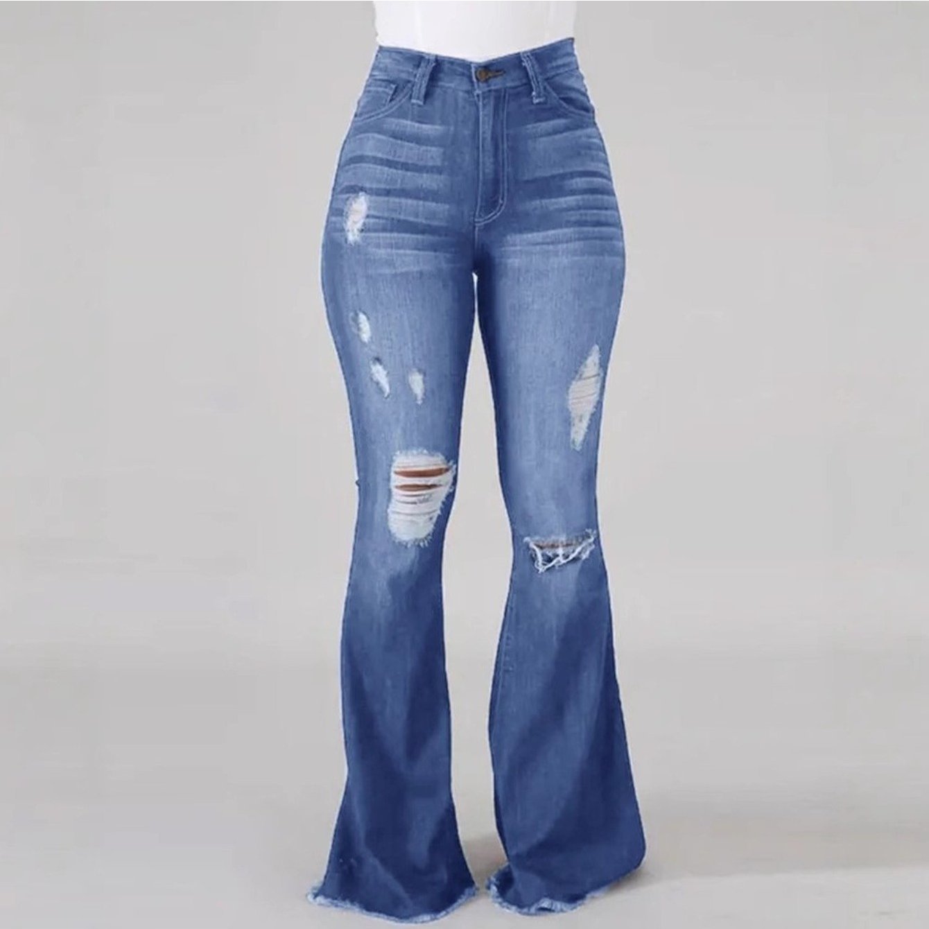 Vaqueros Acampanados de Talle Alto – Denim Elástico Ajustado con Rasgaduras