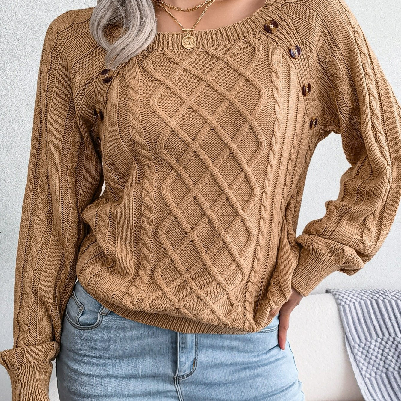 Jersey texturizado de mujer con manga farol – Top de punto con detalles de botones