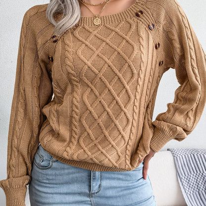 Jersey texturizado de mujer con manga farol – Top de punto con detalles de botones