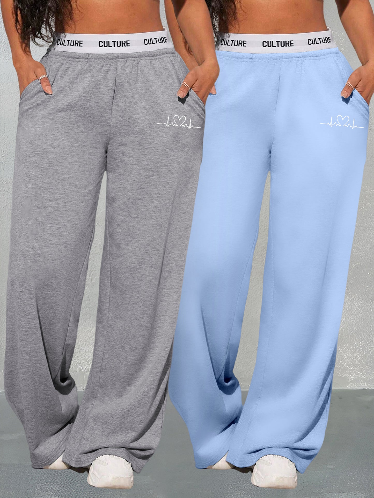 Conjunto de dos piezas con estampado geométrico de amor para mujer – Pantalones de cintura alta y pierna ancha