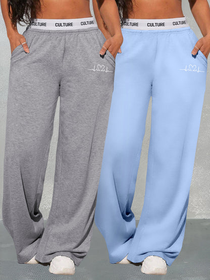 Conjunto de dos piezas con estampado geométrico de amor para mujer – Pantalones de cintura alta y pierna ancha