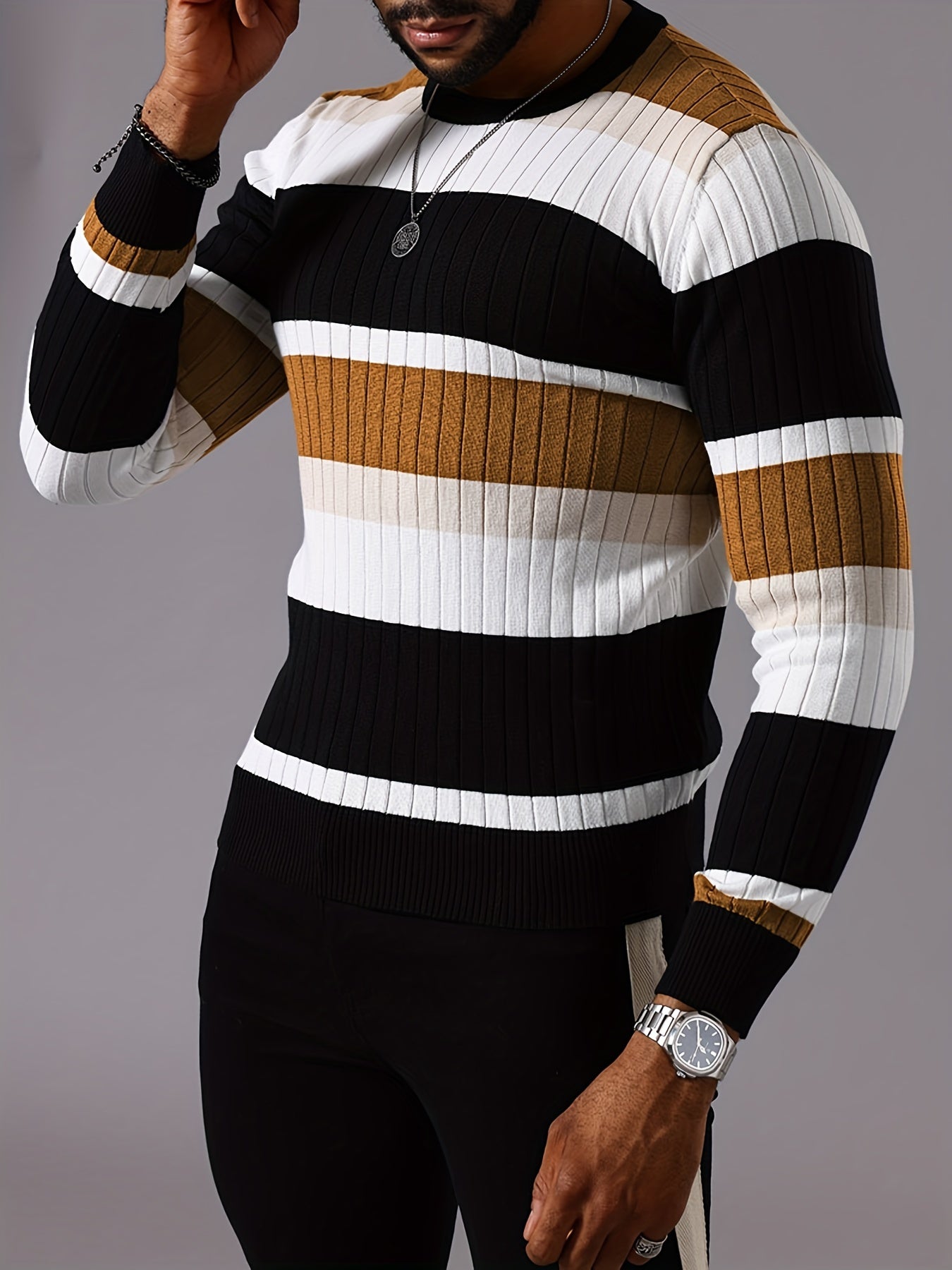 Pull rayé en tricot côtelé pour homme – Pull Color Block Automne Hiver