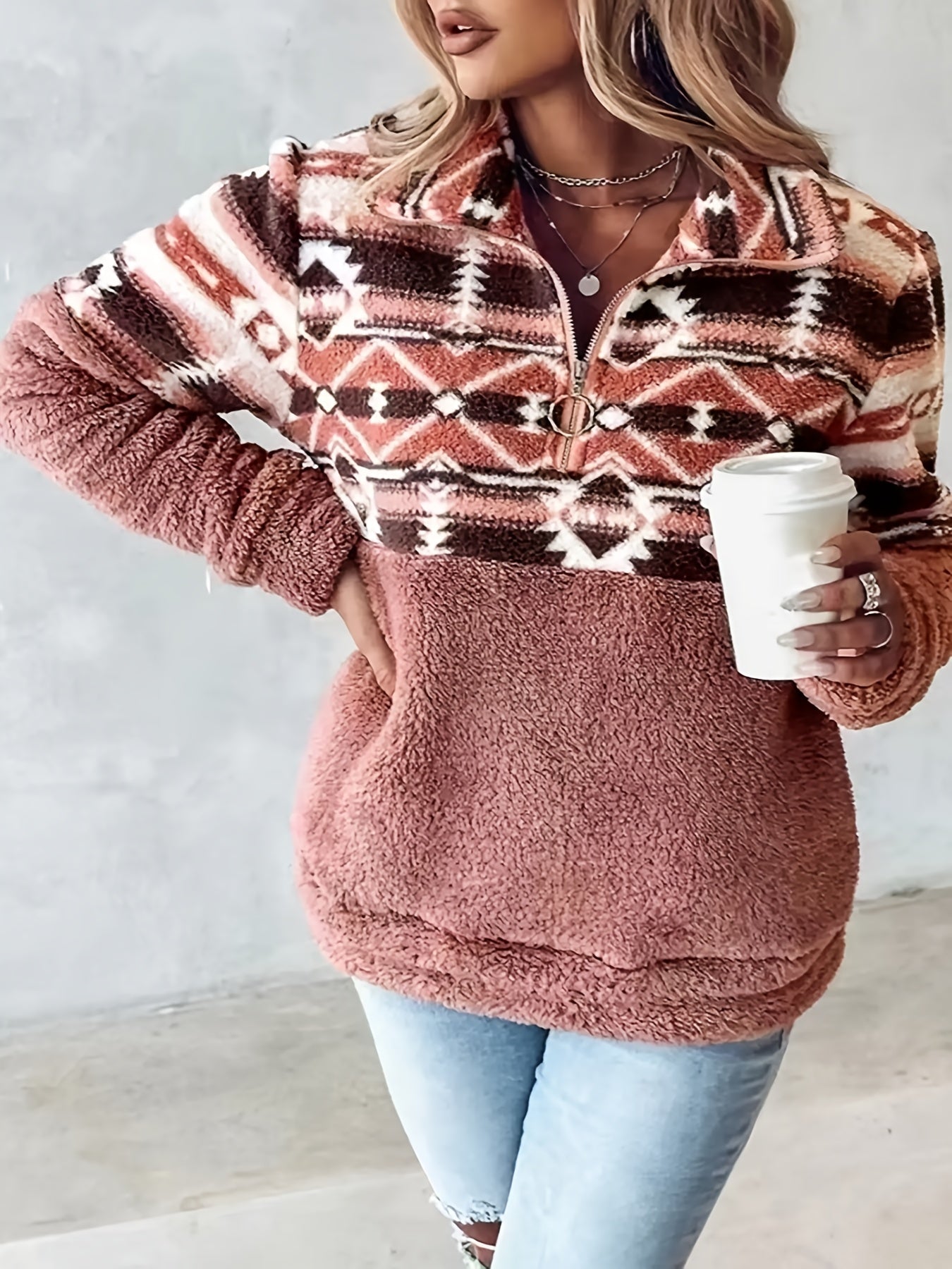 Sudadera de felpa con patrón geométrico Geo – Forro polar con media cremallera para otoño e invierno