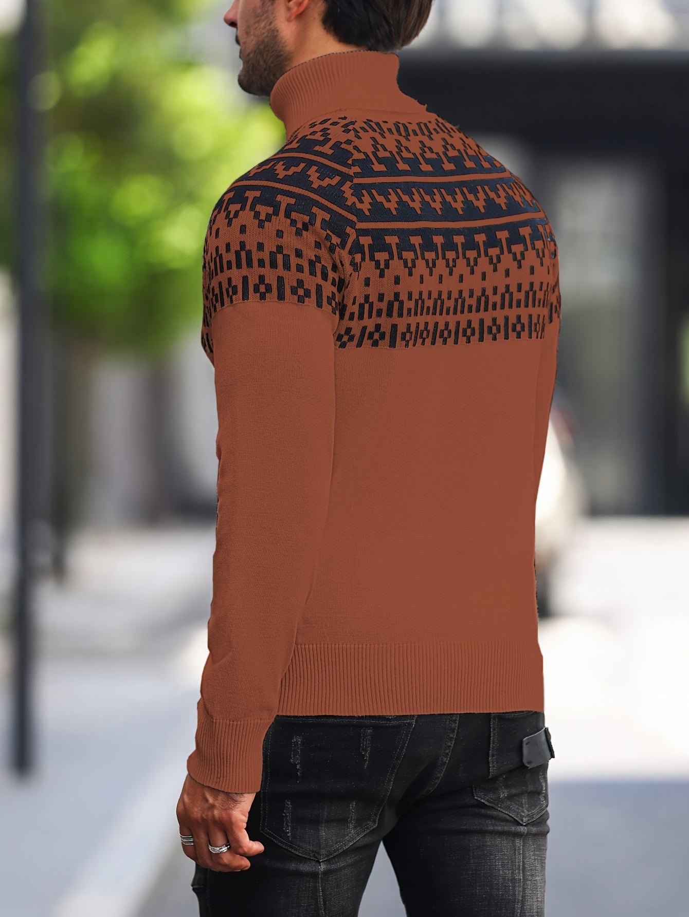 Men’s Geometric Turtleneck Sweater – Casual Knit Pullover for Fall & Winter