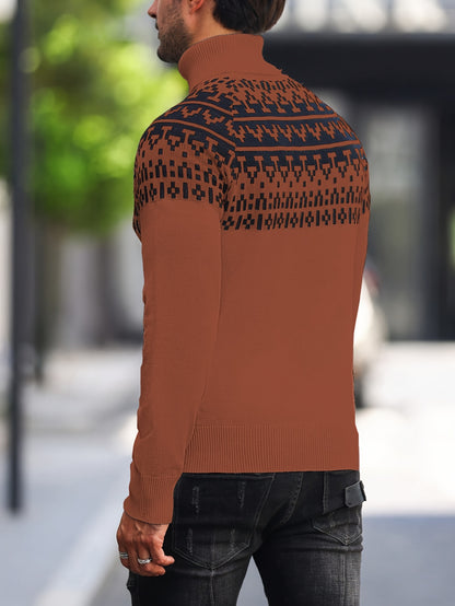 Men’s Geometric Turtleneck Sweater – Casual Knit Pullover for Fall & Winter