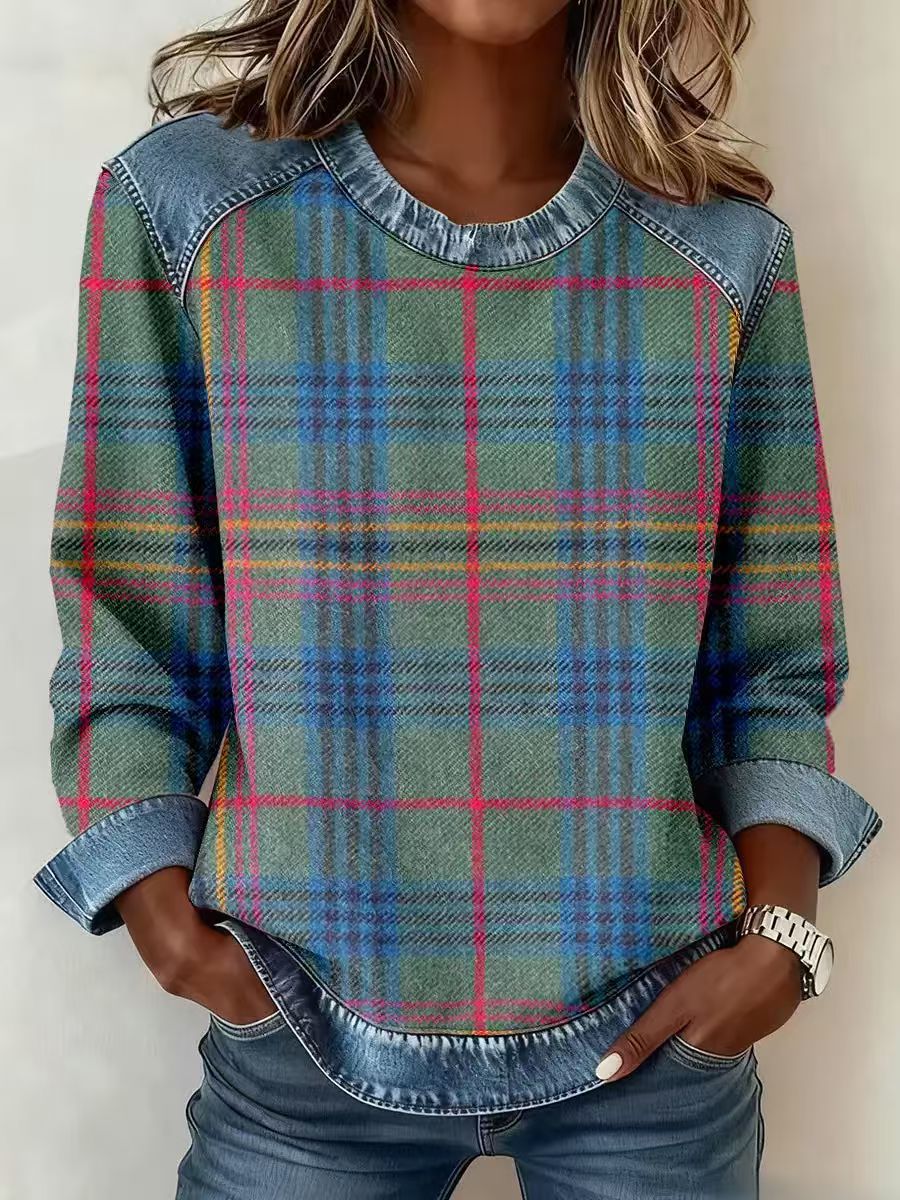 Sudadera de retazos de mezclilla para mujer - Sudadera floral con cuello redondo