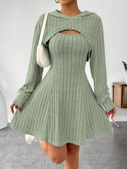 Ensemble 2 pièces côtelé pour femme – Top court à capuche et robe moulante
