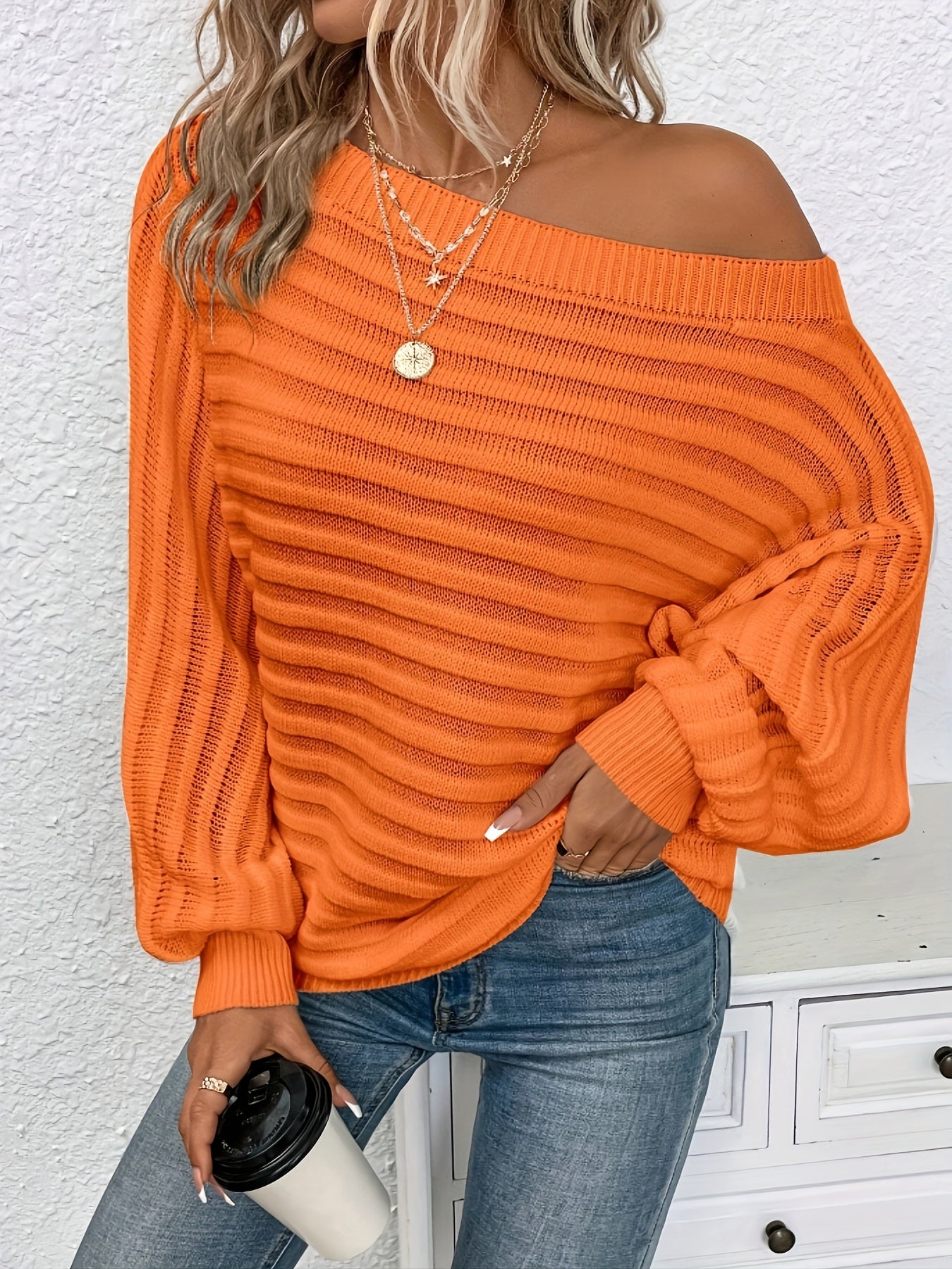Blusa de talla grande con hombros descubiertos – Blusa informal de manga murciélago acanalada