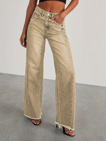 Pantalones vaqueros de mujer de talle alto y pernera ancha – Vaqueros elásticos informales holgados