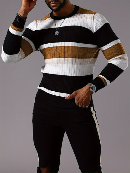 Pull rayé en tricot côtelé pour homme – Pull Color Block Automne Hiver