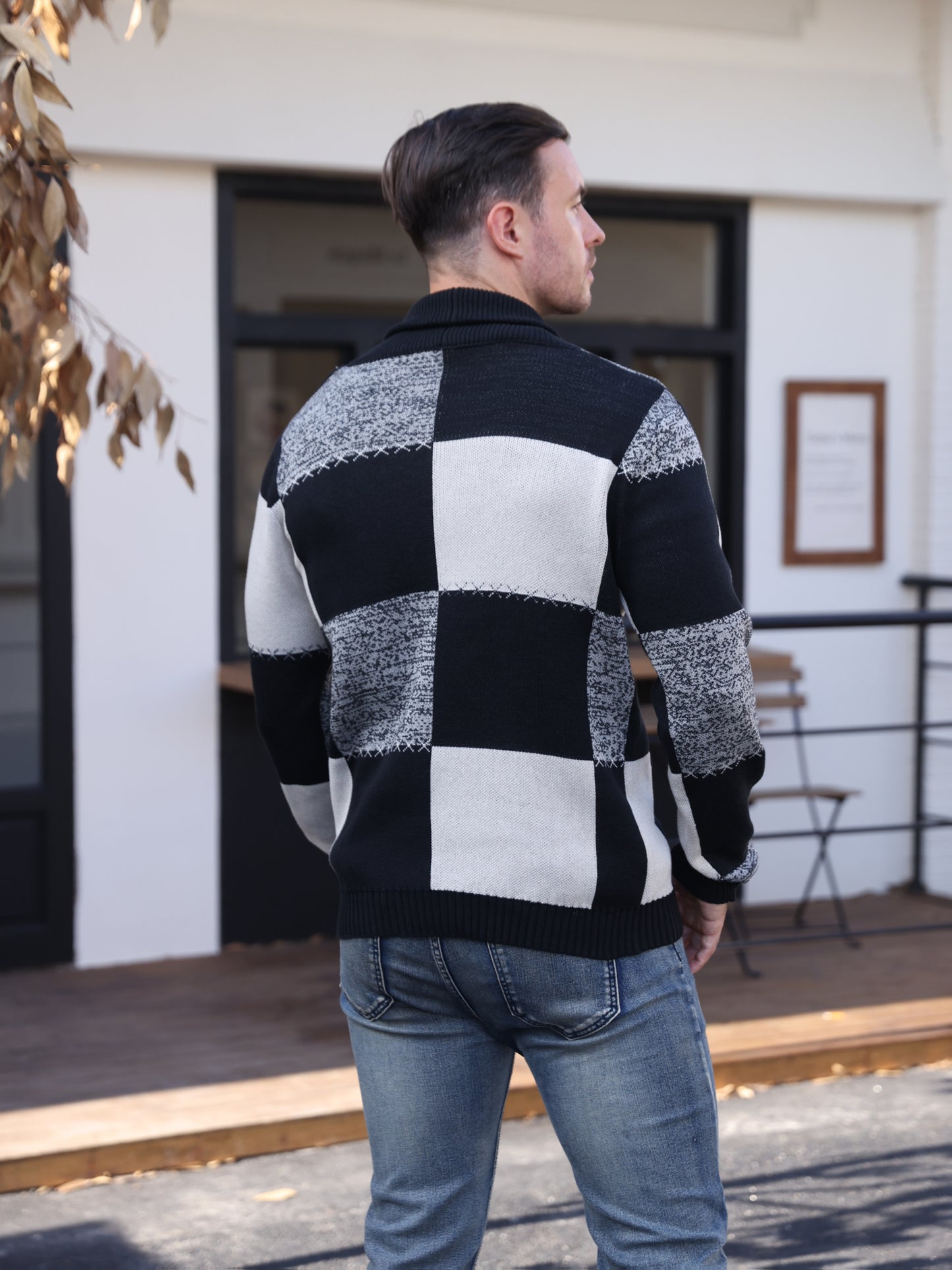 Cárdigan de punto con pespuntes en contraste – Suéter casual acanalado con solapa