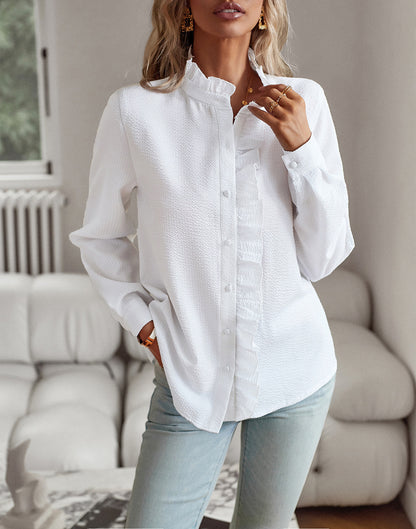 Blusa con botones, volantes y rayas Loom & Soul™ – Elegante camisa de oficina y casual de manga larga para mujer