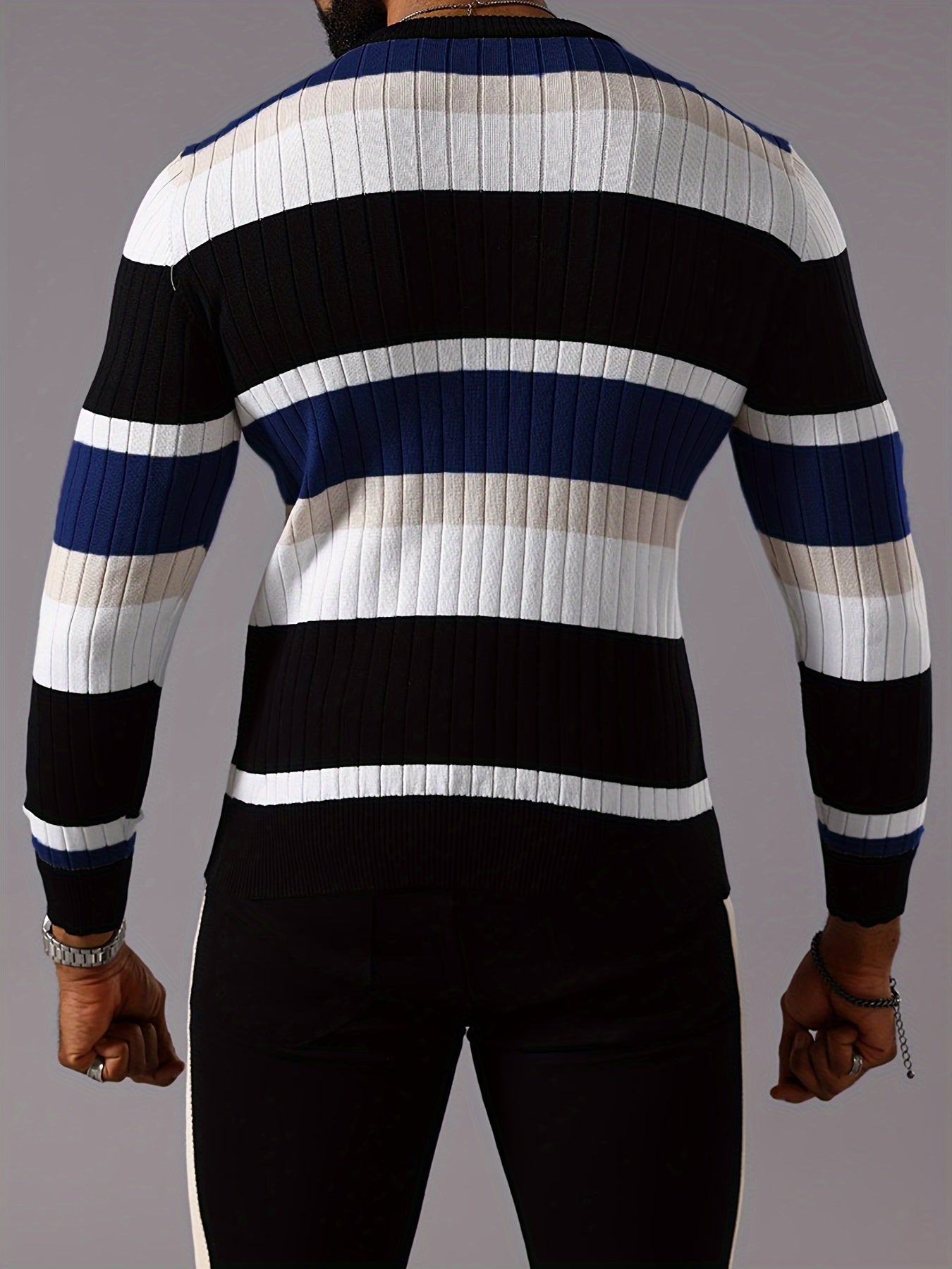 Pull rayé en tricot côtelé pour homme – Pull Color Block Automne Hiver