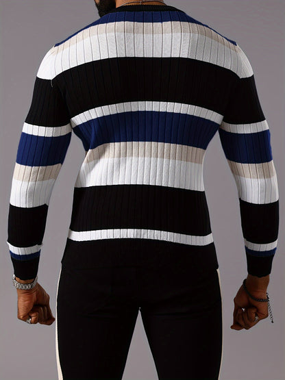 Pull rayé en tricot côtelé pour homme – Pull Color Block Automne Hiver