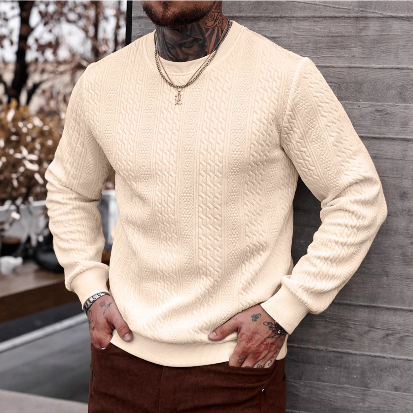 Sudadera con capucha y cuello redondo Jacquard para hombre – Parte superior ligera de corte holgado