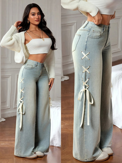 Women’s Bow-Tie Straight Jeans – High Waist Relaxed Wide-Leg Denim