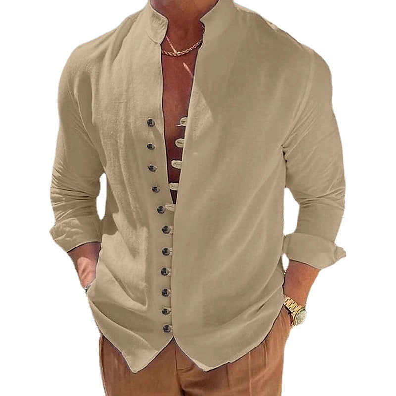 Camisa de lino y algodón para hombre con cuello alto – Cárdigan casual de corte holgado