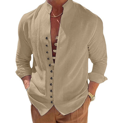 Camisa de lino y algodón para hombre con cuello alto – Cárdigan casual de corte holgado