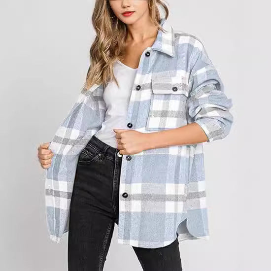 Chaqueta a cuadros con hebillas para mujer – Abrigo informal de corte holgado
