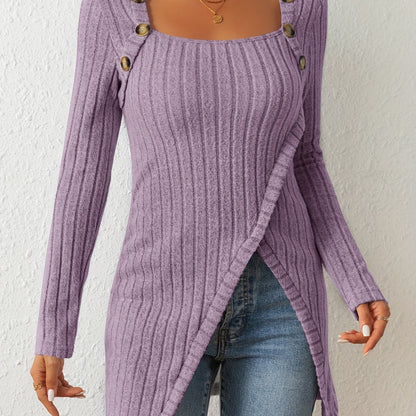 Camiseta de punto entallada para mujer – Top de manga larga con cuello cuadrado