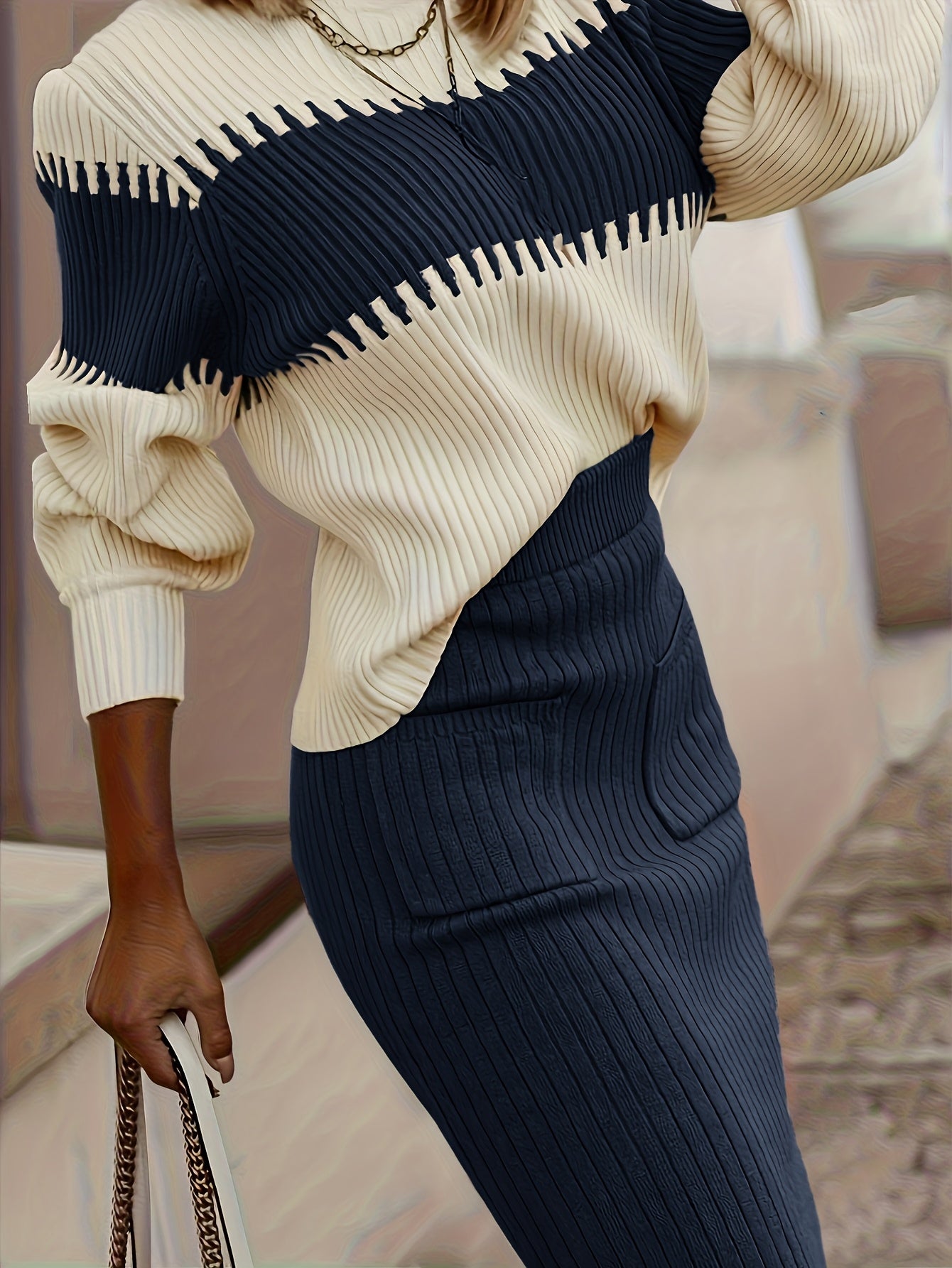 Conjunto de suéter y falda de cuello alto con bloques de color – Dos piezas elegantes de invierno