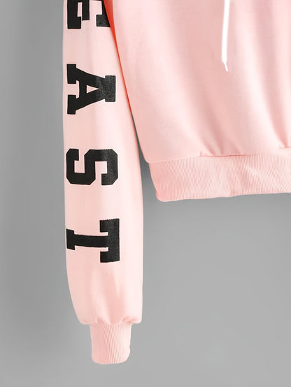 Sudadera con capucha rosa con letras para mujer – Estampado East/West estilo urbano casual