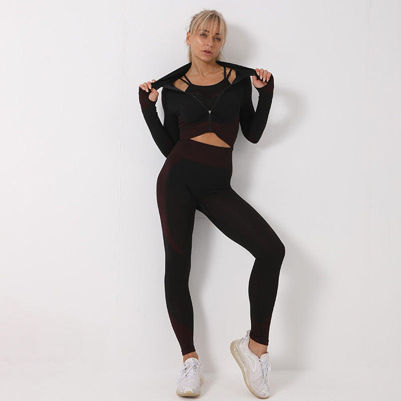 Conjunto de yoga sin costuras de 3 piezas Loom & Soul para mujer – Sujetador deportivo, top corto y leggings, conjunto de gimnasio de secado rápido