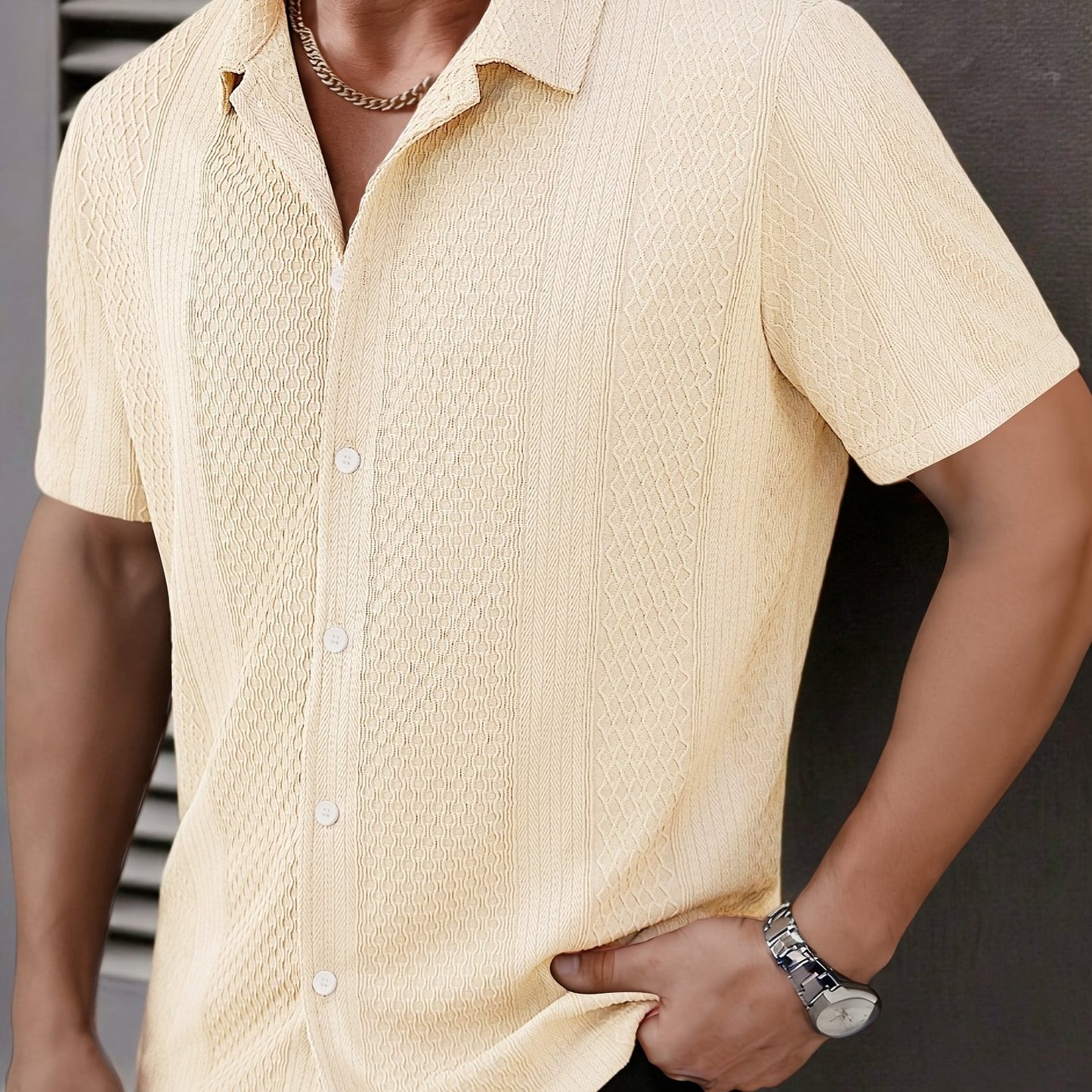 Camisa de manga corta de jacquard para hombre - Abotonada informal de verano