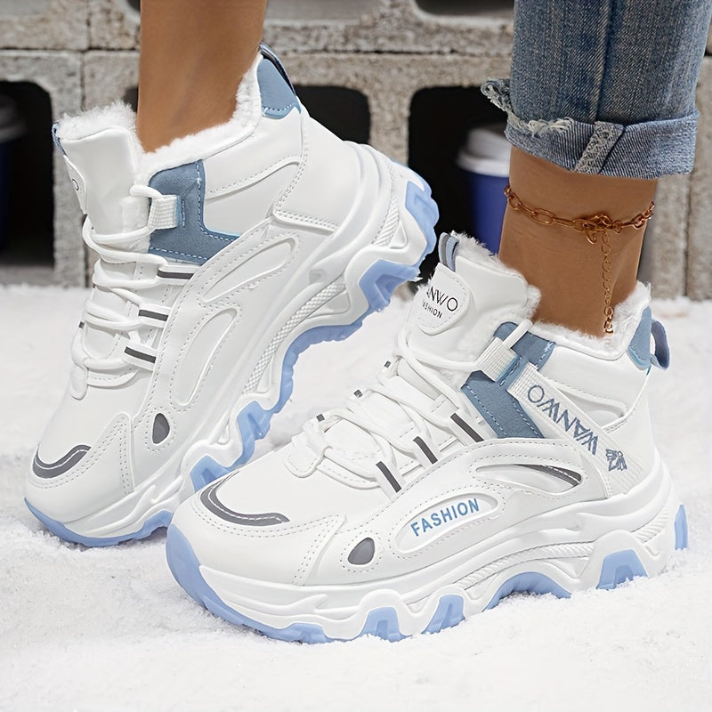 Botas de Nieve de Vellón Acogedoras para Mujer – Zapatos de Invierno Blancos y Azules con Suela Gruesa Antideslizante