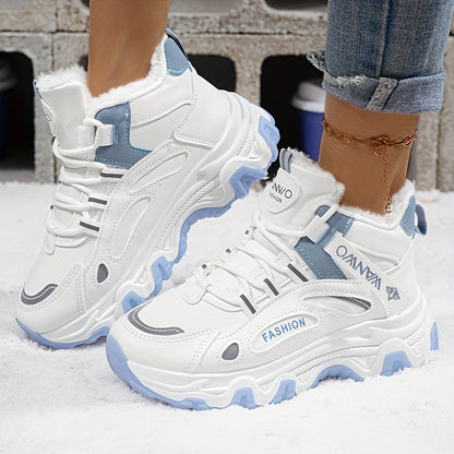 Botas de Nieve de Vellón Acogedoras para Mujer – Zapatos de Invierno Blancos y Azules con Suela Gruesa Antideslizante