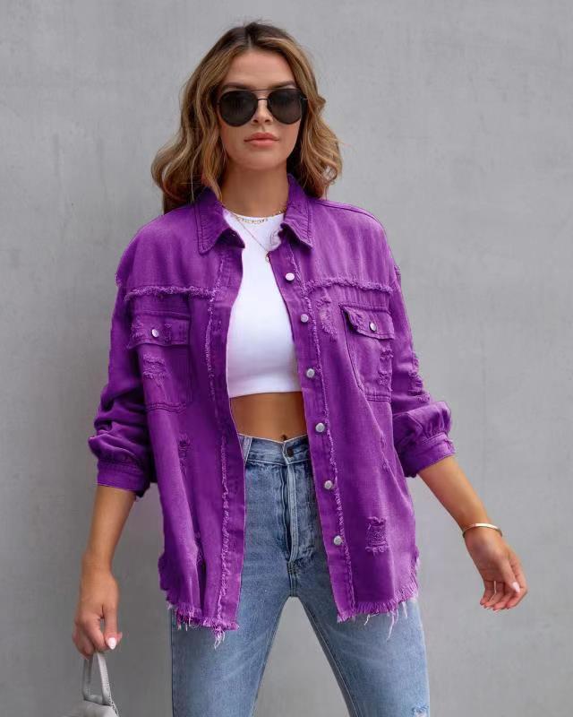 Chaqueta camisera rasgada Loom & Soul para mujer – Top casual de ajuste holgado con botones para primavera y otoño