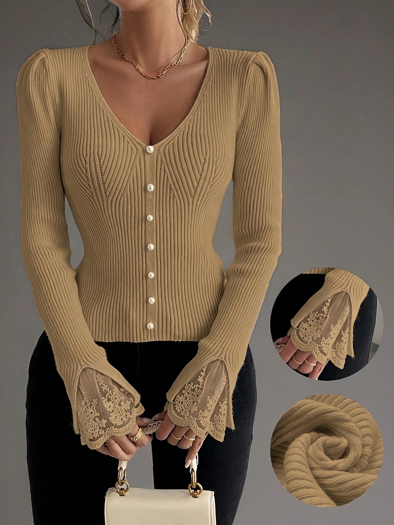 Pull élégant rose à col en V pour femme – Haut en maille côtelée à manches longues