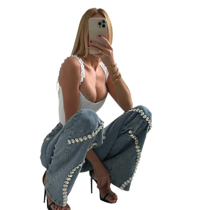 Loom & Soul™ Vaqueros de pernera recta con pedrería – Pantalones de mezclilla de calle de estilo elevado para mujer