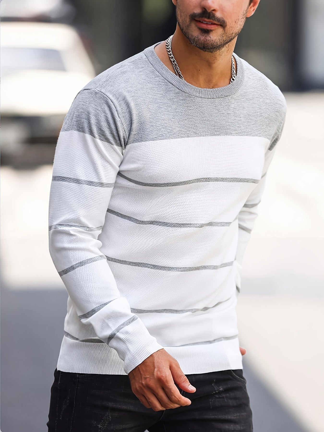 Suéter de punto a rayas azul marino para hombre – Sudadera informal de cuello redondo
