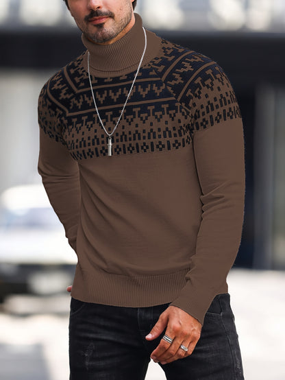 Men’s Geometric Turtleneck Sweater – Casual Knit Pullover for Fall & Winter