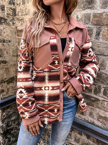 Chaqueta polar geométrica para mujer – Abrigo de invierno cálido con bloques de color