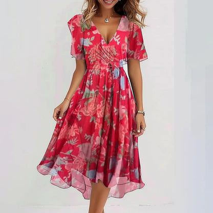 Loom & Soul™ Vestido floral de chifón – Vestido midi elegante de verano con cuello en V y manga corta para mujer