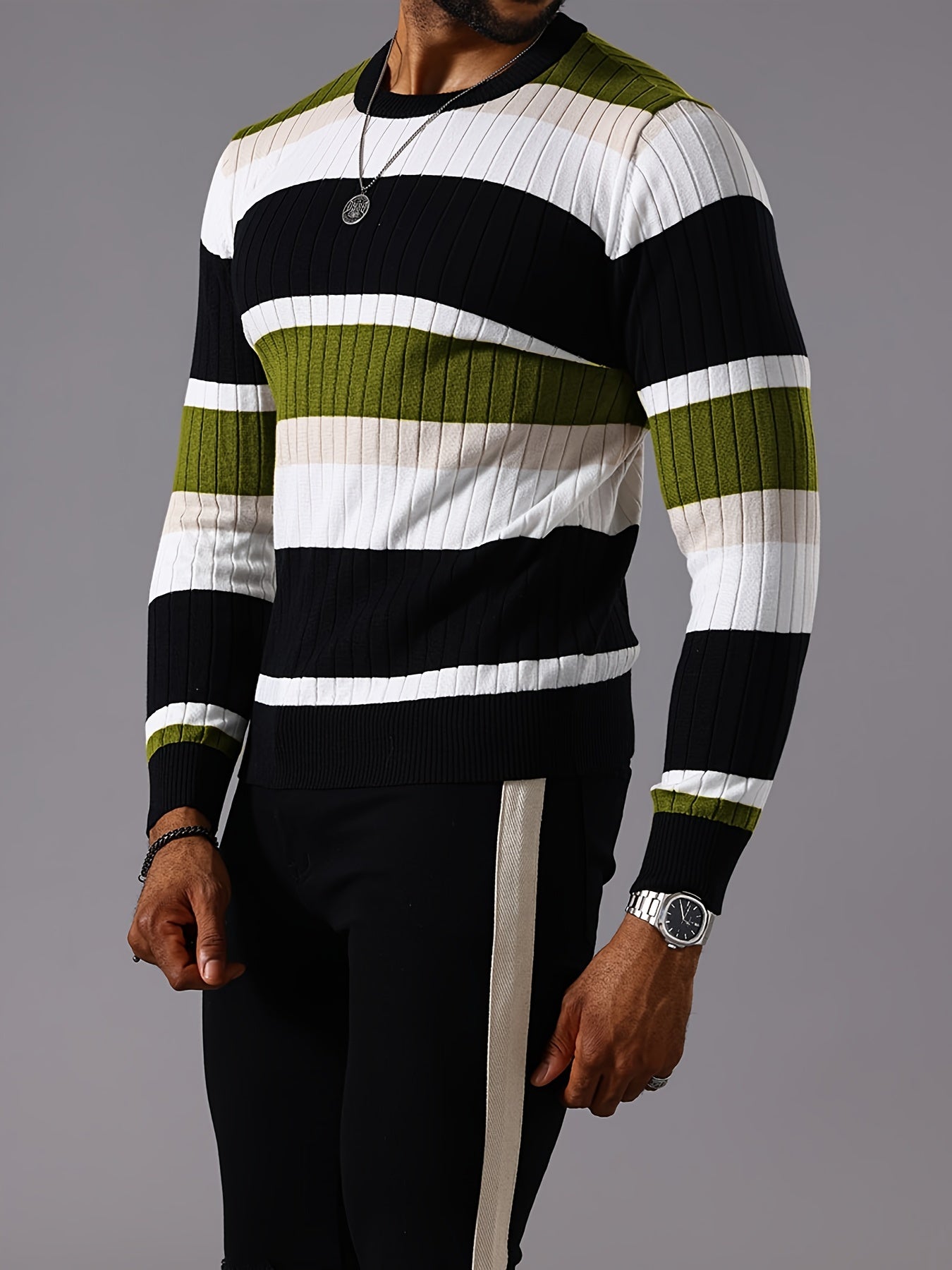 Pull rayé en tricot côtelé pour homme – Pull Color Block Automne Hiver